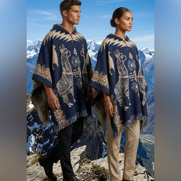 Accessories - Alpaca Wool Hooded Poncho Llama Andean Handmade Fringe Boho Festival Unisex Cape
